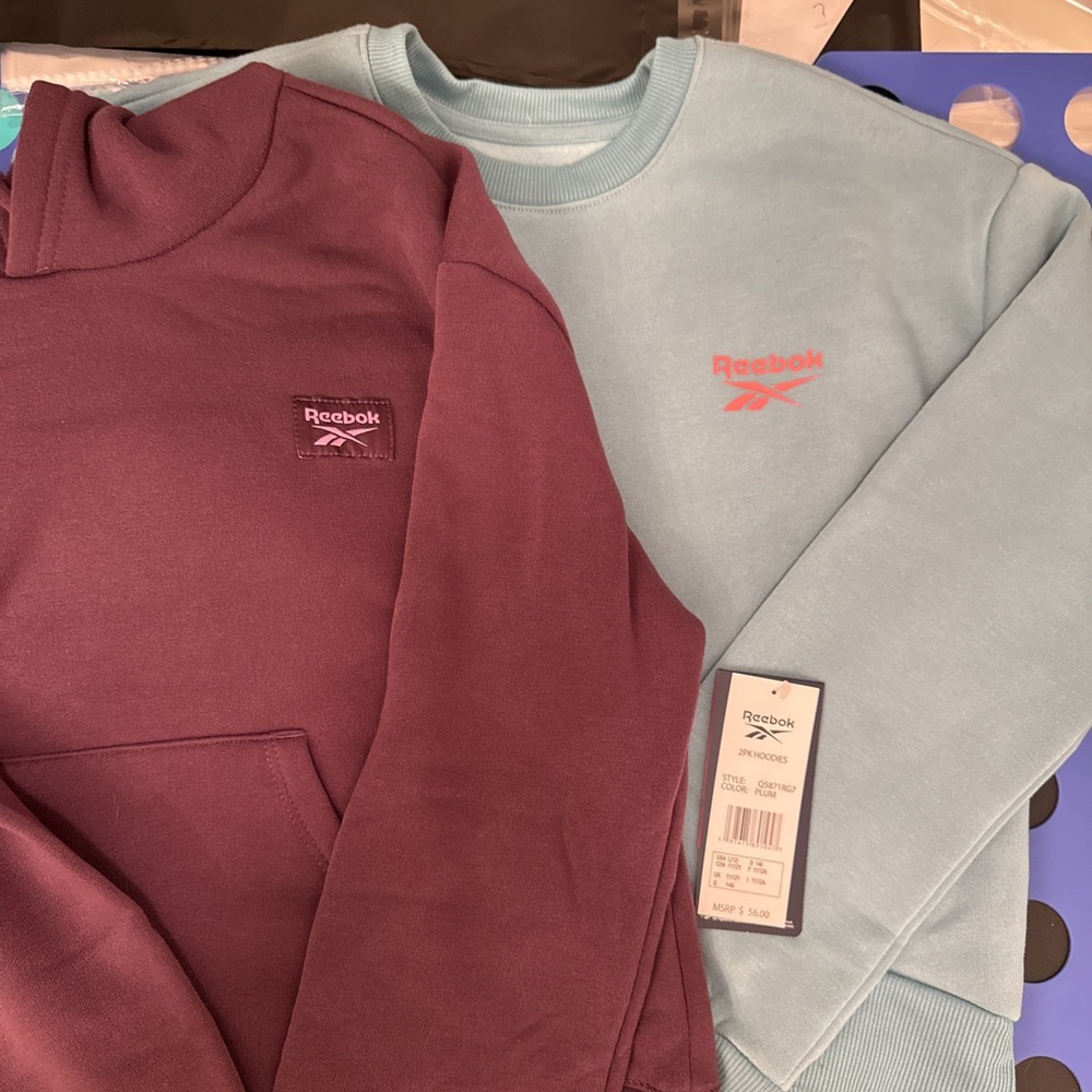 2 Pack Reebok Girls Fleece Pullover & Hoodie NWT Kids Size L 12 Plum & Green